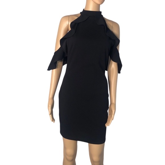 Gibiu Black Halter Bodycon Cold Shoulder Ruffle Zip Back Dress USA Womens Medium - Picture 1 of 9